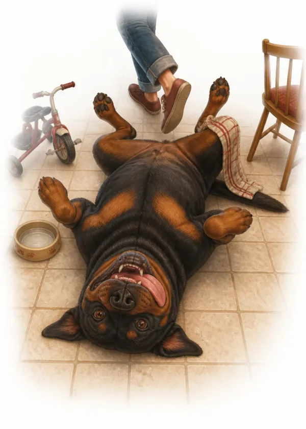 A Rottweiler lying upside down on a kitchen floor with its tongue out as someone steps over it