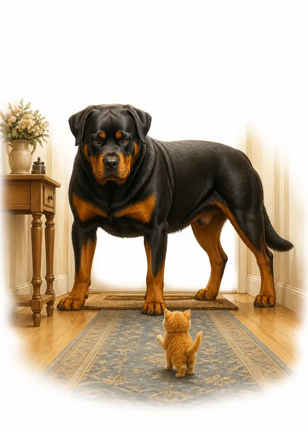 A Rottweiler standing in a hallway looking down at a tiny ginger kitten