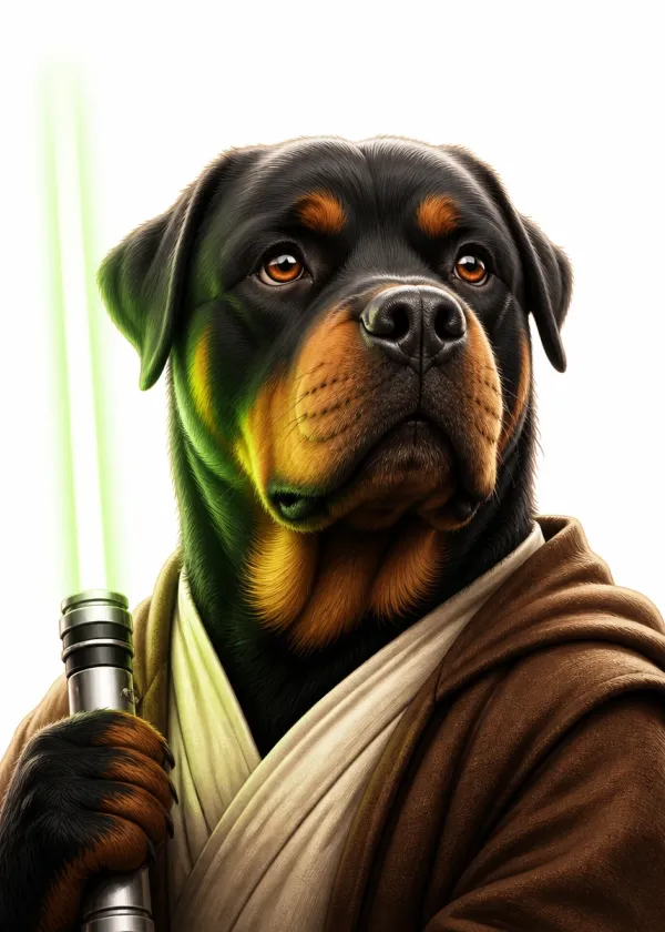 A Rottweiler wearing brown robes and holding a glowing green laser sword with a steady expression