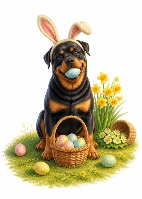 A Rottweiler wearing bunny ears holding a blue Easter egg in its mouth beside a basket of eggs and daffodils
