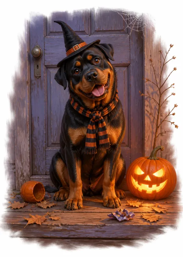 A Rottweiler in a witch's hat and striped scarf on a doorstep beside a glowing jack-o'-lantern