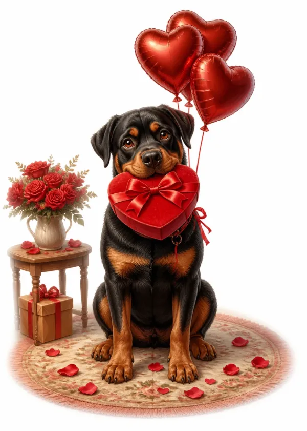 A Rottweiler holding a red heart-shaped gift box in its mouth under red heart balloons with roses around it