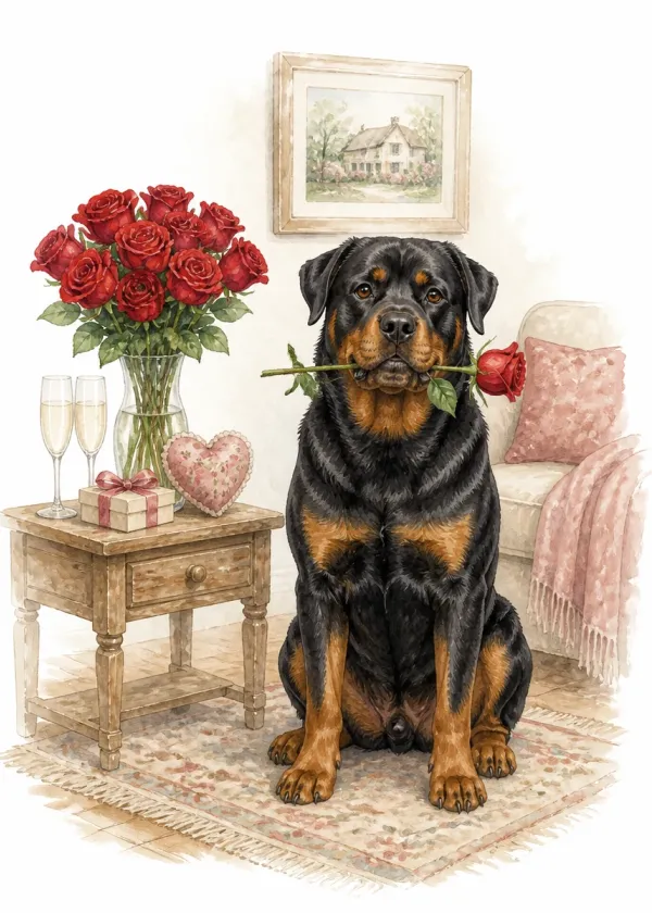 A Rottweiler holding a red rose in its mouth beside a side table with a vase of roses and two champagne glasses