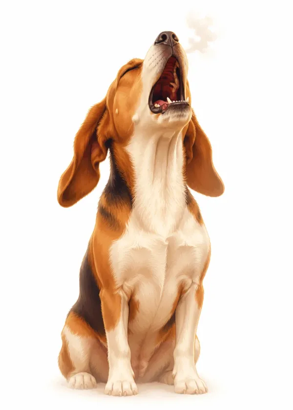 A beagle sitting with its nose pointed straight up and mouth wide open mid-howl