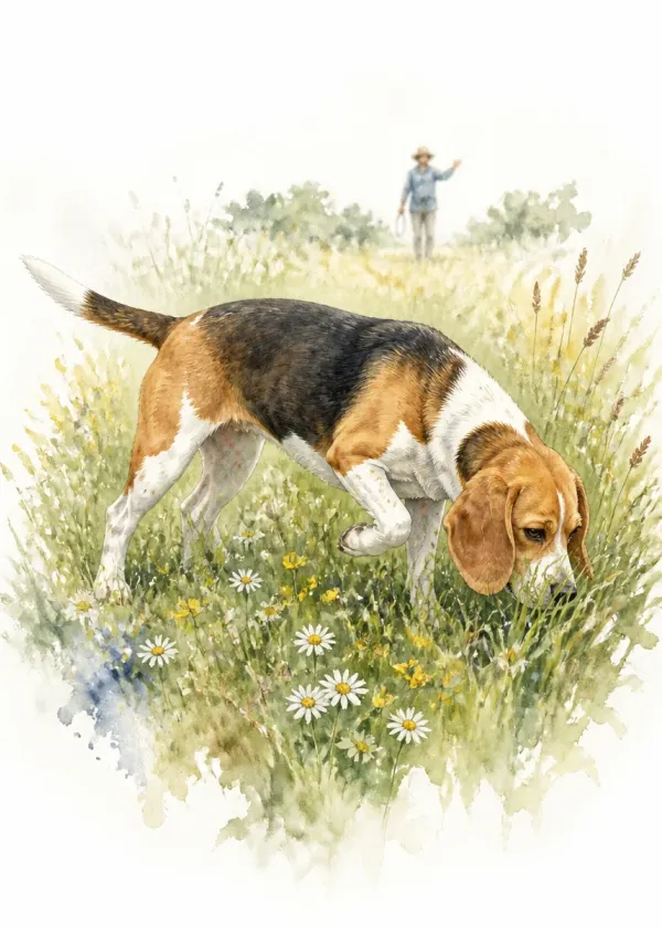 A watercolour of a beagle in a meadow of daisies nose down on a scent trail with its owner calling from the distance