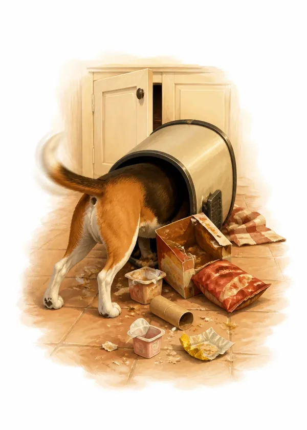 A beagle head-first in a tipped-over kitchen bin with rubbish spread across the tiled floor