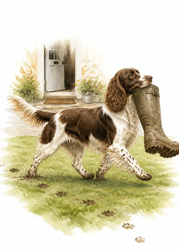 A Springer Spaniel trotting across a lawn carrying a wellington boot in its mouth