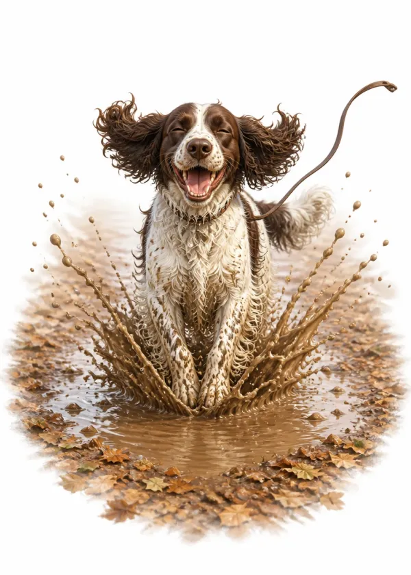 A Springer Spaniel charging through a muddy puddle with mud splashing everywhere and its lead trailing