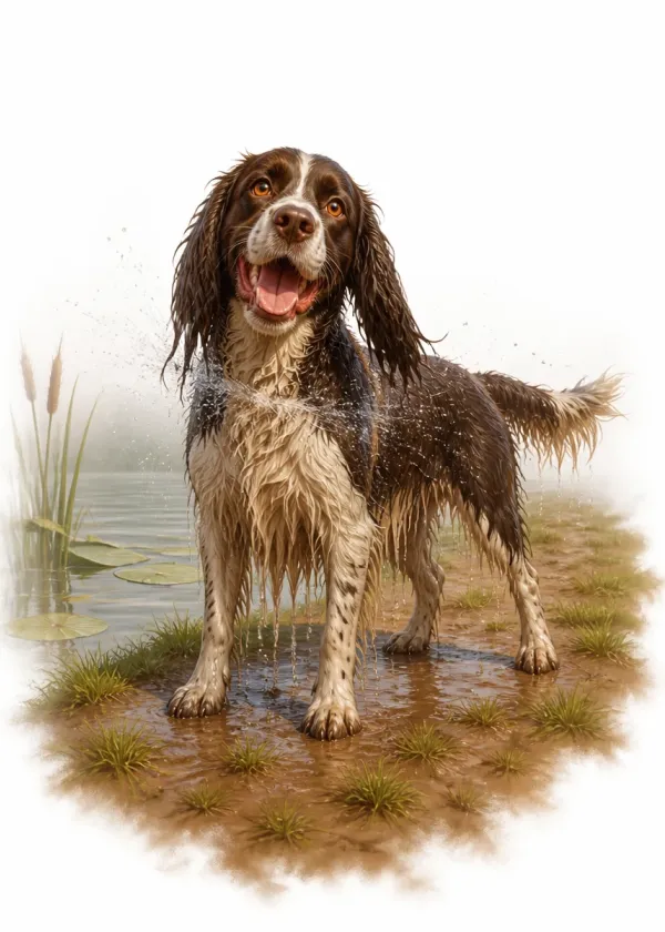 A soaking wet Springer Spaniel standing at the edge of a pond with a big grin