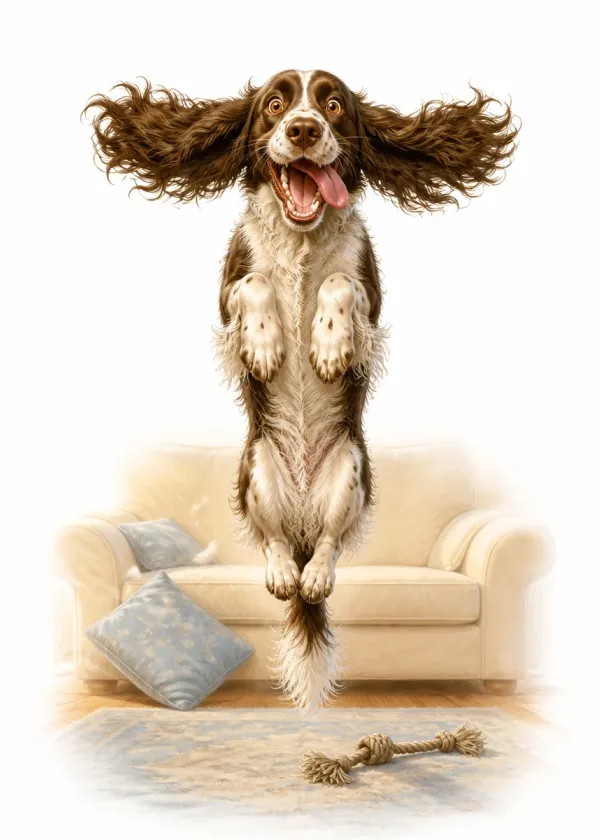 A Springer Spaniel leaping high in the air in a living room with its ears flying out
