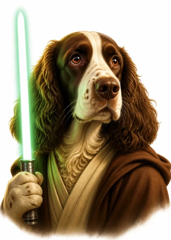 A Springer Spaniel wearing brown robes and holding a glowing green laser sword with a determined expression