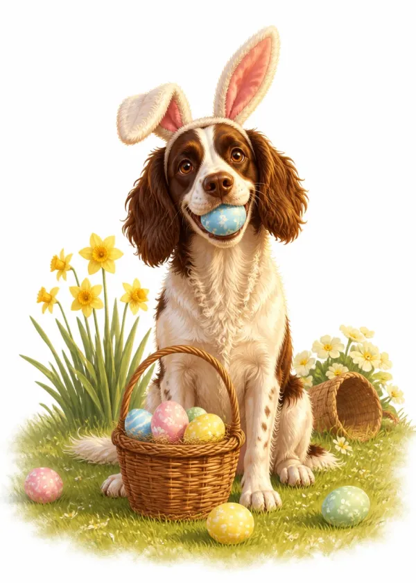 A Springer Spaniel wearing bunny ears holding a blue Easter egg in its mouth beside a basket of eggs