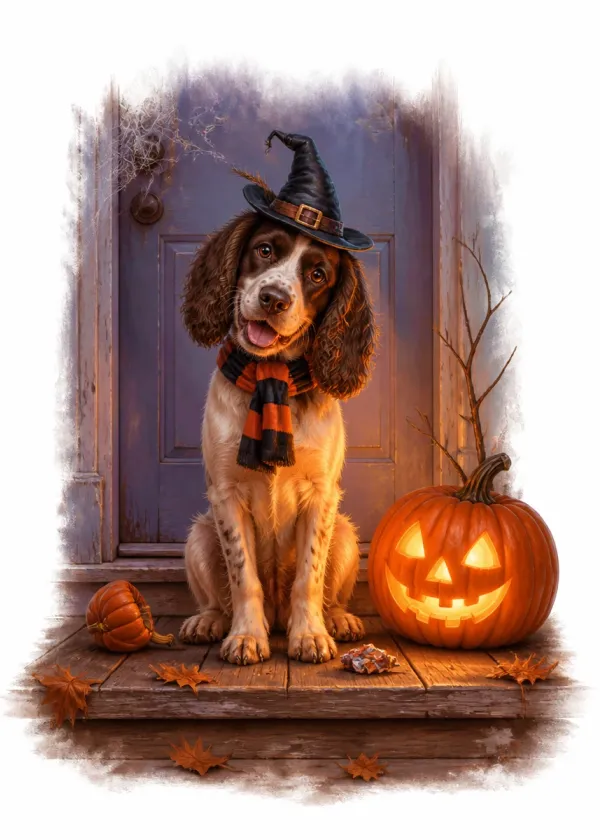 A Springer Spaniel in a witch's hat and striped scarf on a doorstep beside a glowing jack-o'-lantern