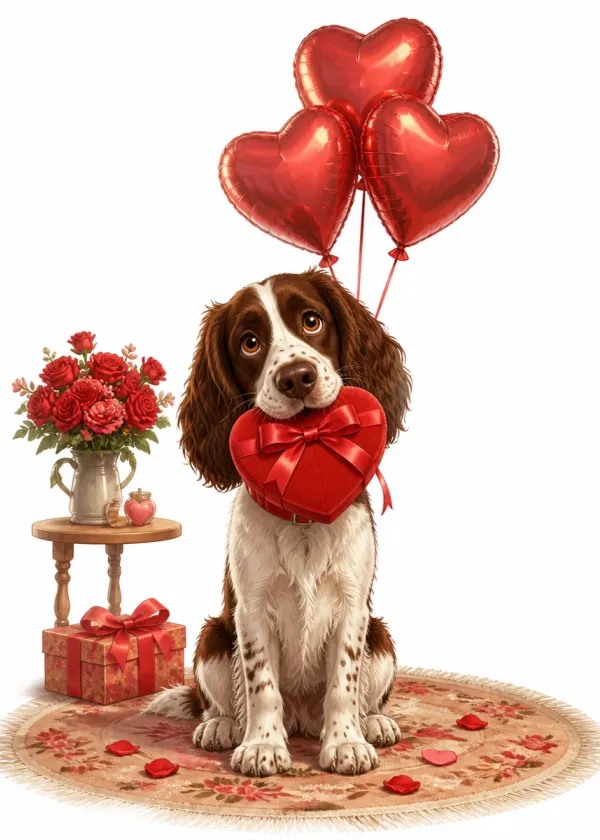 A Springer Spaniel holding a red heart-shaped gift box in its mouth under red heart balloons