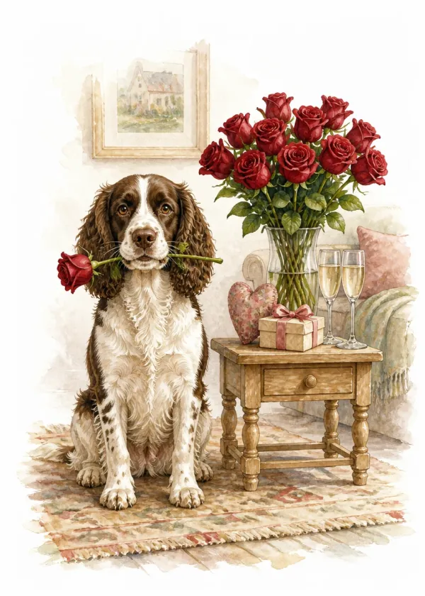 A Springer Spaniel holding a red rose in its mouth beside a table with roses and two champagne glasses