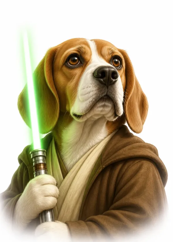 A beagle wearing brown robes and holding a glowing green laser sword looking seriously upward