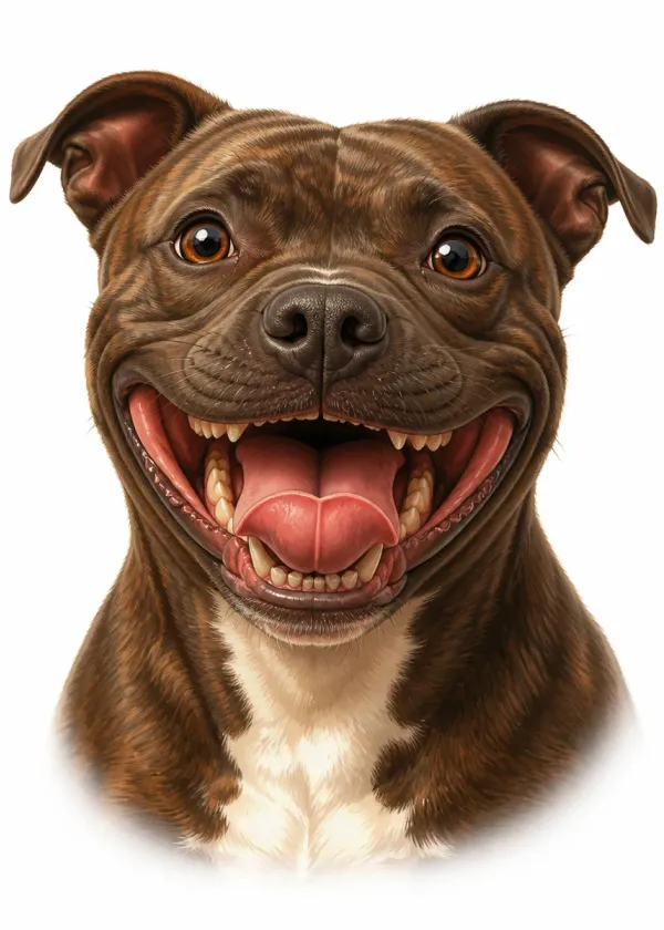 A close-up of a brindle Staffordshire Bull Terrier with a huge happy grin