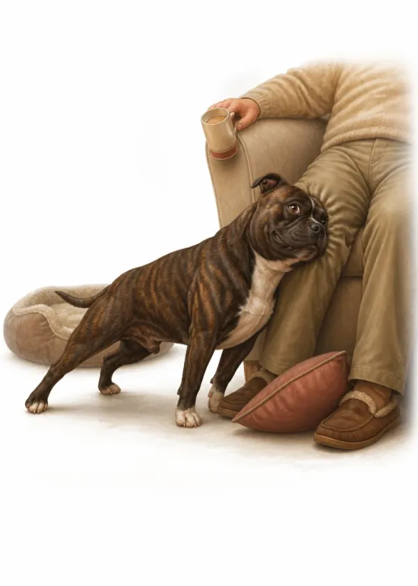 A brindle Staffordshire Bull Terrier leaning its whole body against its person's legs by an armchair