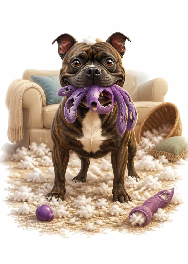 A Staffordshire Bull Terrier holding a shredded purple toy in its mouth surrounded by stuffing