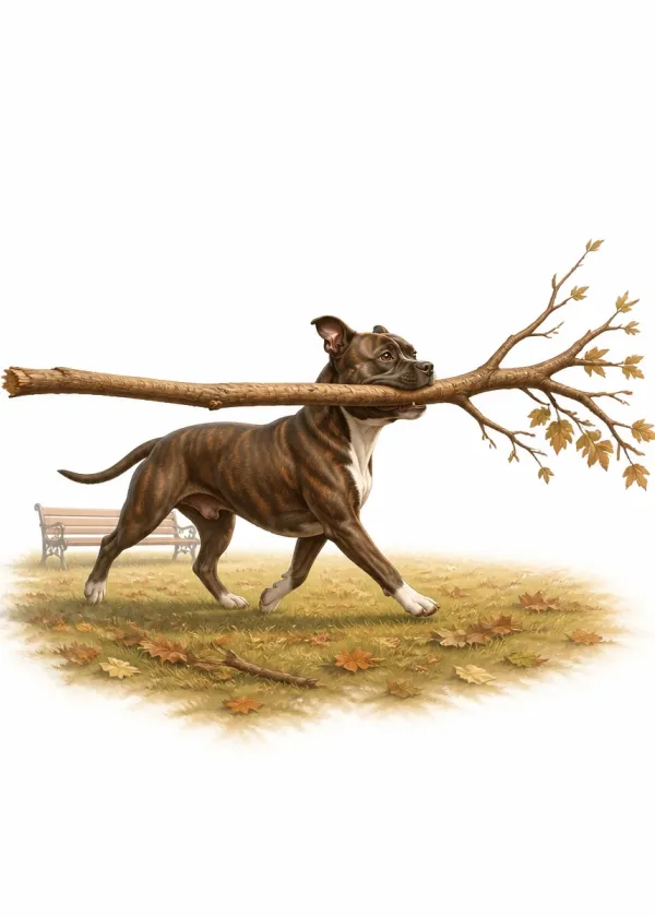 A Staffordshire Bull Terrier trotting across a park carrying a huge tree branch in its mouth