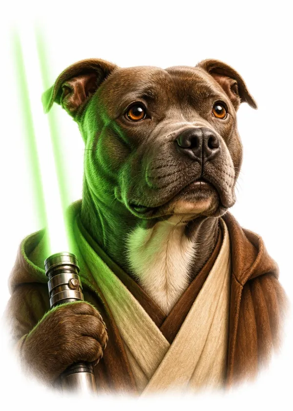 A Staffordshire Bull Terrier wearing brown robes and holding a glowing green laser sword