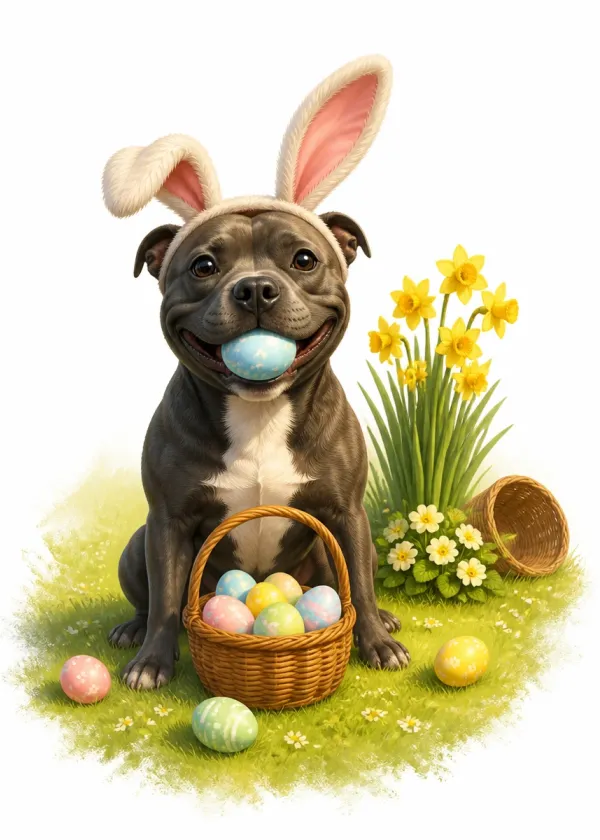 A Staffordshire Bull Terrier wearing bunny ears holding a blue Easter egg in its mouth beside a basket