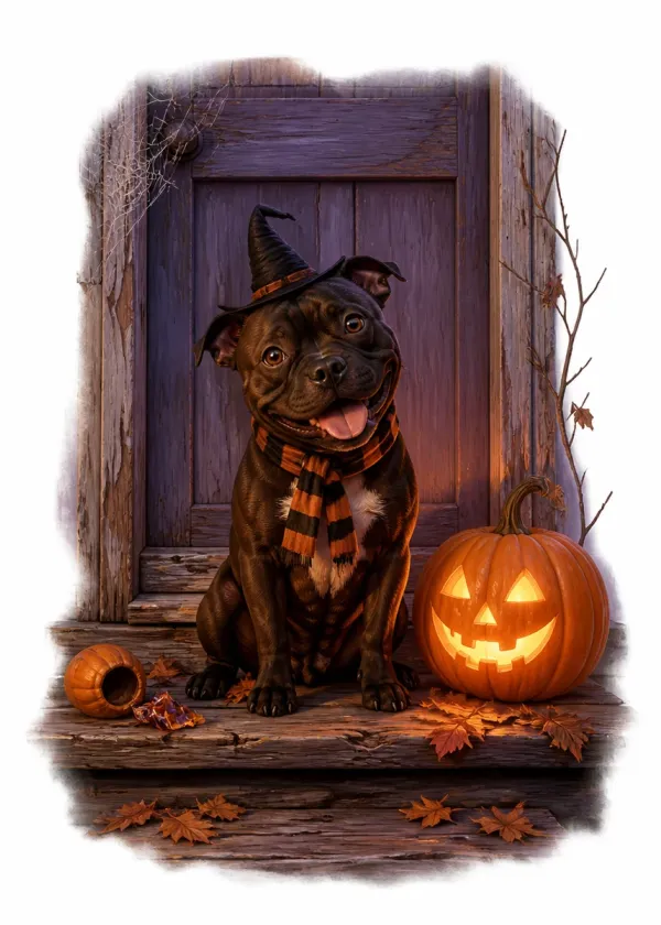 A Staffordshire Bull Terrier in a witch's hat and striped scarf beside a glowing jack-o'-lantern