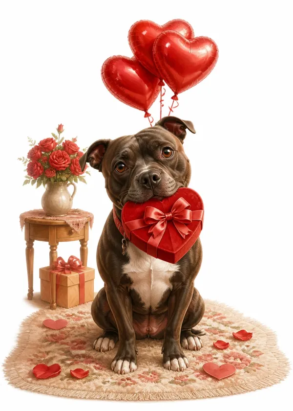 A Staffordshire Bull Terrier holding a red heart-shaped gift box in its mouth under heart balloons