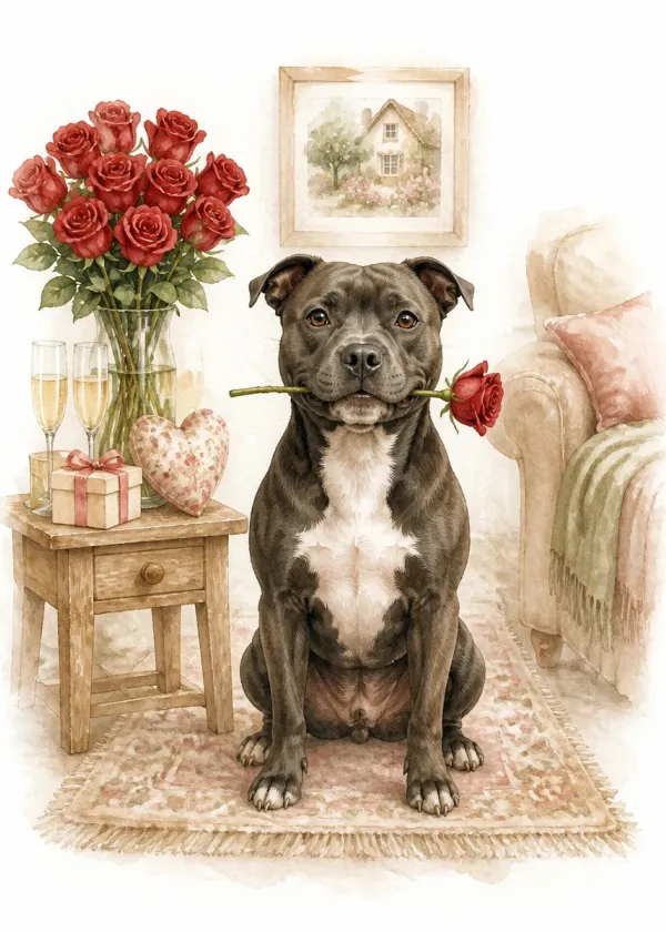 A Staffordshire Bull Terrier holding a red rose in its mouth beside roses and two champagne glasses