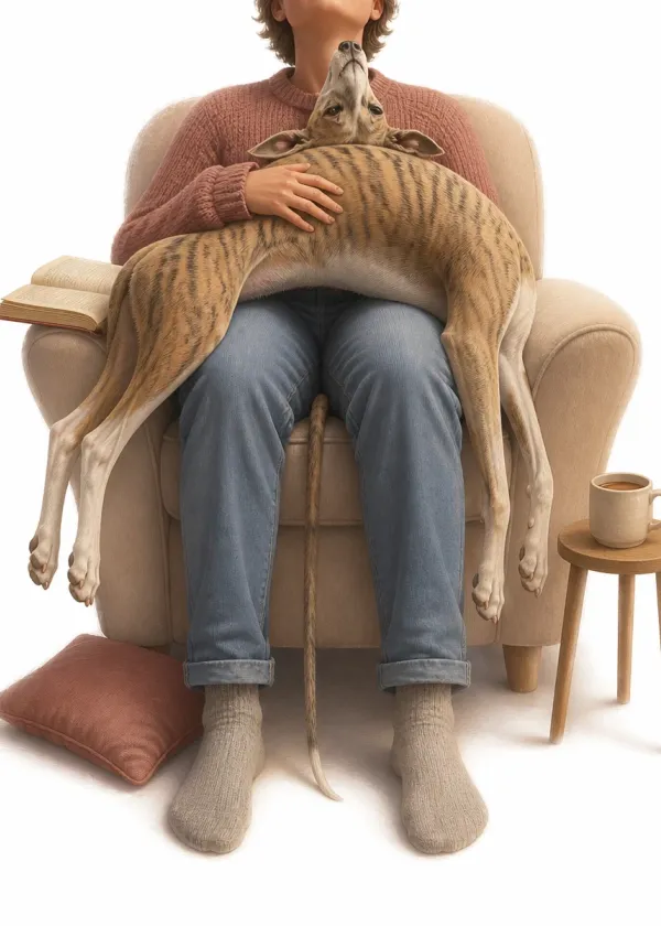A brindle Whippet draped across a person's lap and chest in an armchair with its legs dangling