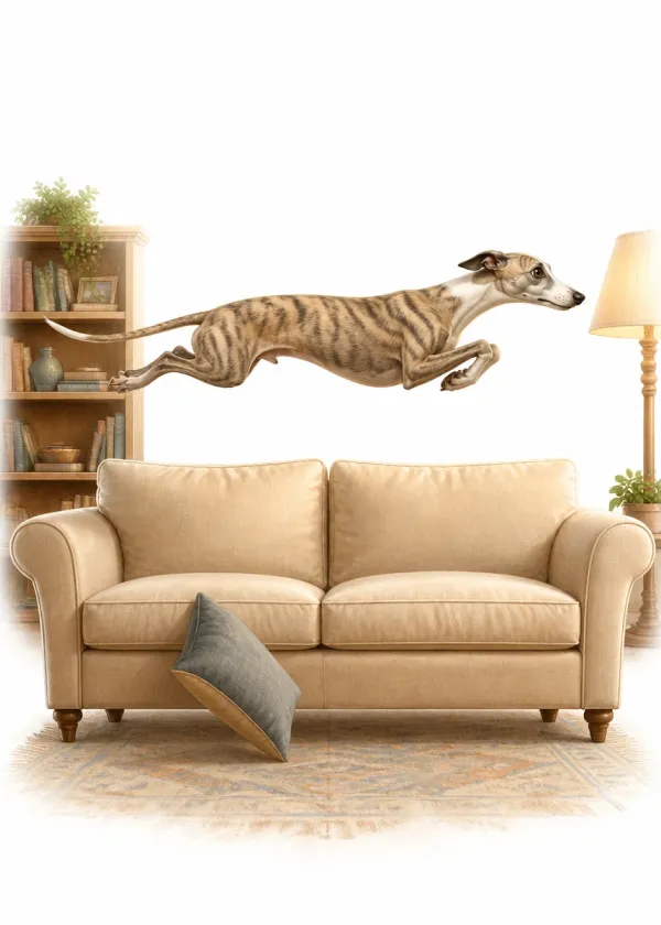 A brindle Whippet leaping over the back of a sofa at full stretch in a living room