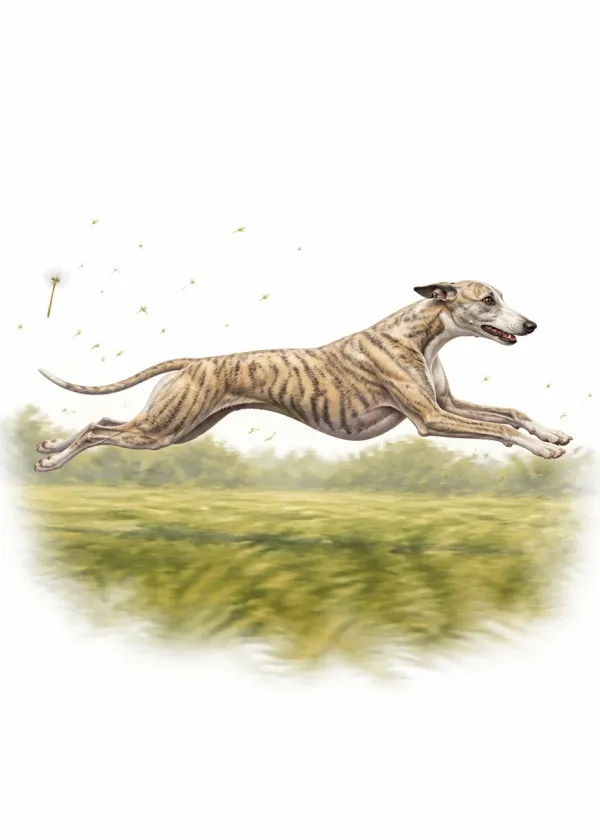 A brindle Whippet racing at full speed across a grassy field with dandelion seeds flying