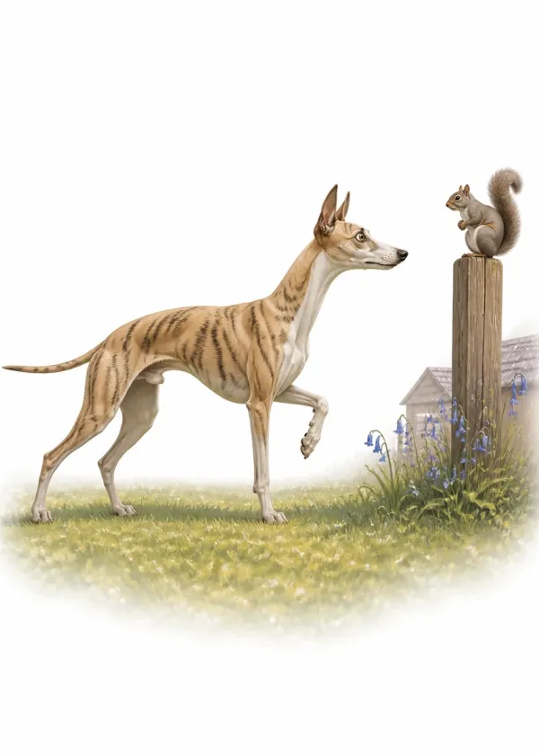 A brindle Whippet frozen mid-step on a lawn staring at a squirrel on a fence post