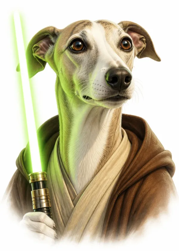 A Whippet wearing brown robes and holding a glowing green laser sword with a calm expression