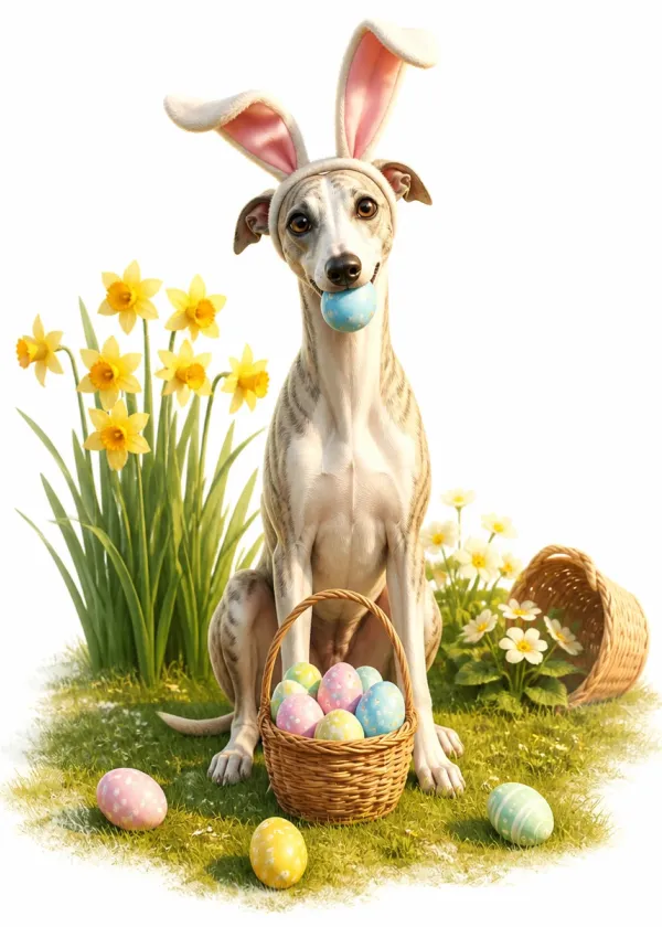A Whippet wearing bunny ears holding a blue Easter egg in its mouth beside a basket of eggs and daffodils