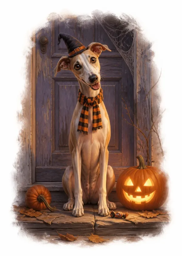 A Whippet in a witch's hat and striped scarf on a doorstep beside a glowing jack-o'-lantern