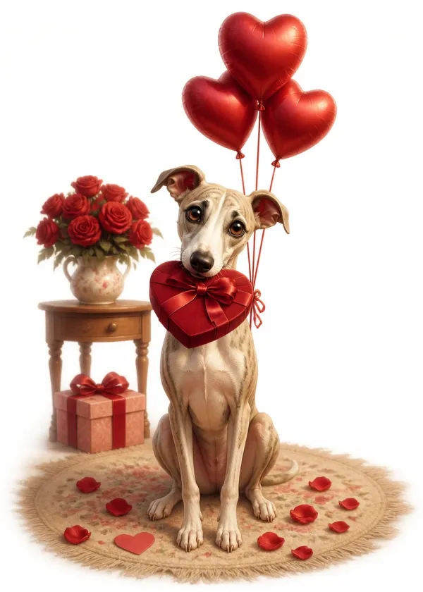 A Whippet holding a red heart-shaped gift box in its mouth under red heart balloons with roses around it
