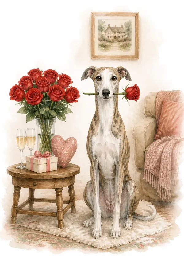 A Whippet holding a red rose in its mouth beside a table with a vase of roses and two champagne glasses