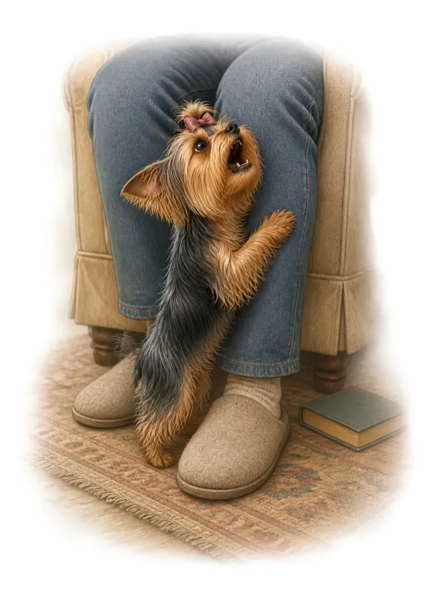 A Yorkshire Terrier with a pink bow standing up against its person's legs barking to be picked up