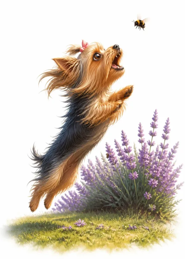 A Yorkshire Terrier leaping off the grass beside lavender chasing a bumblebee