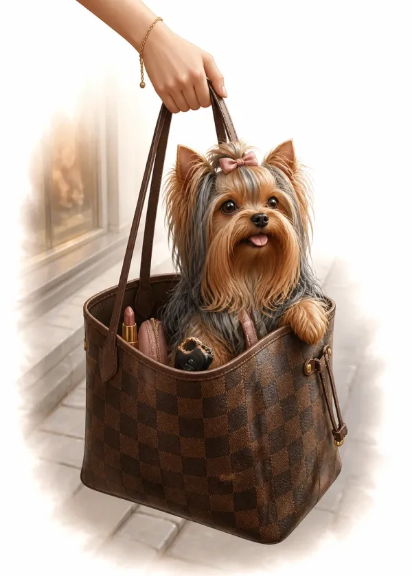 A Yorkshire Terrier with a pink bow peeking out of a checked handbag being carried