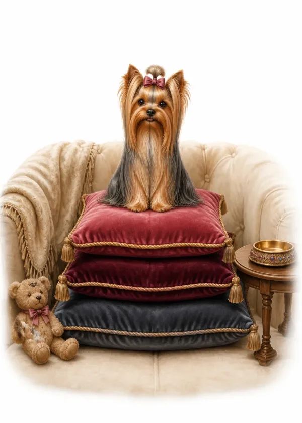 A long-coated Yorkshire Terrier with a bow sitting upright on a pile of three velvet cushions