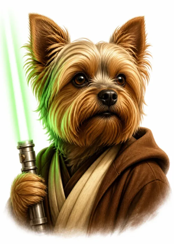 A Yorkshire Terrier wearing brown robes and holding a glowing green laser sword with a serious expression