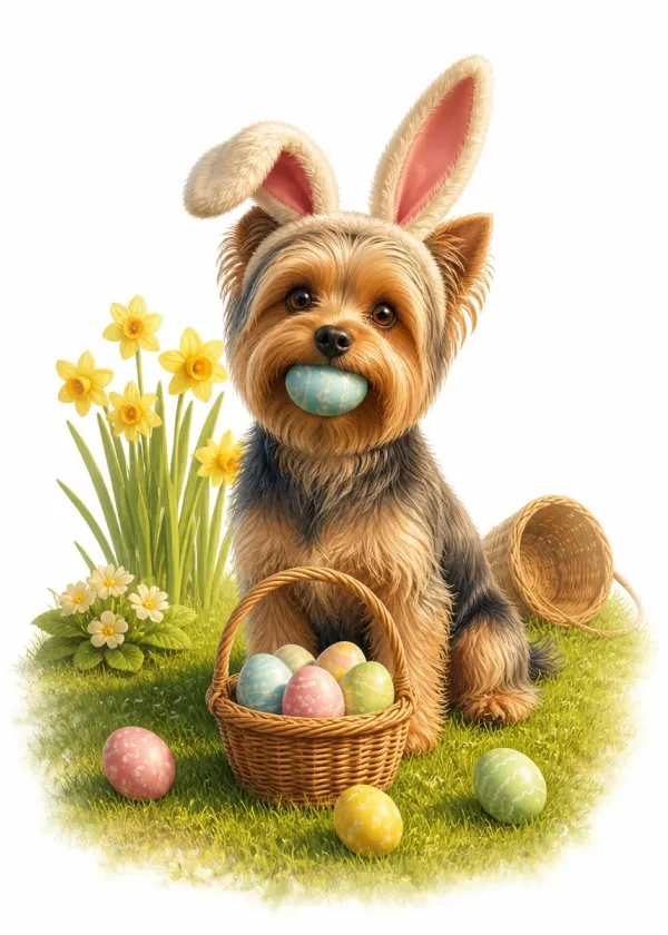 A Yorkshire Terrier wearing bunny ears holding a blue Easter egg in its mouth beside a basket of eggs