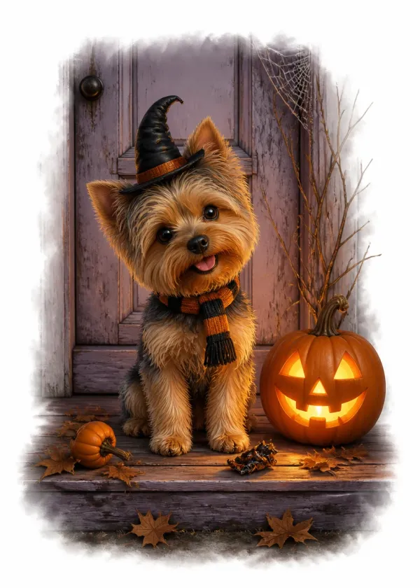 A Yorkshire Terrier in a witch's hat and striped scarf on a doorstep beside a glowing jack-o'-lantern