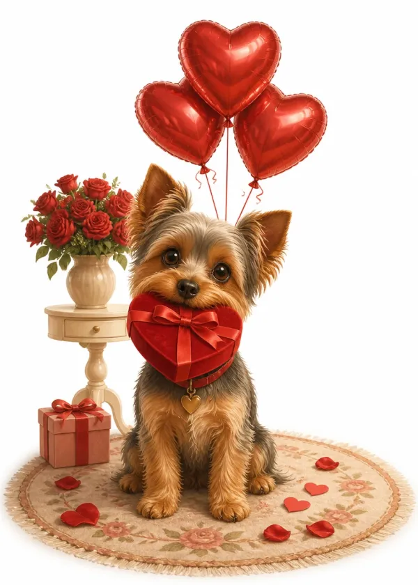 A Yorkshire Terrier holding a red heart-shaped gift box in its mouth under red heart balloons