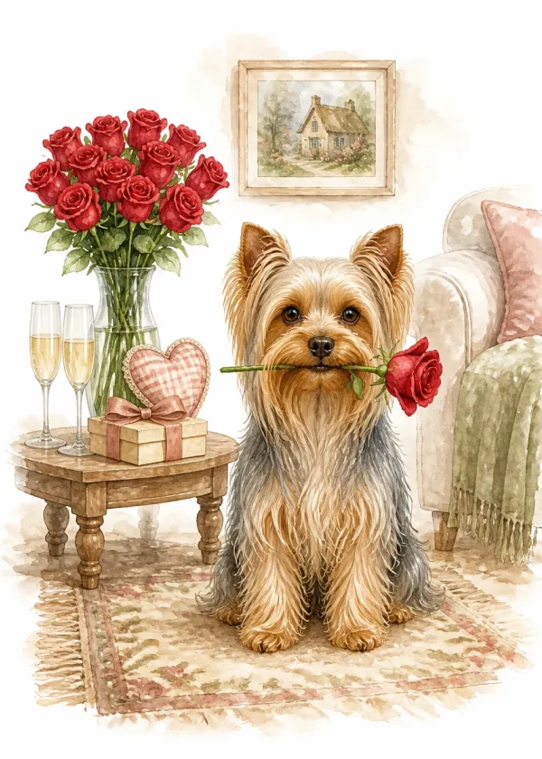 A Yorkshire Terrier holding a red rose in its mouth beside a table with roses and two champagne glasses
