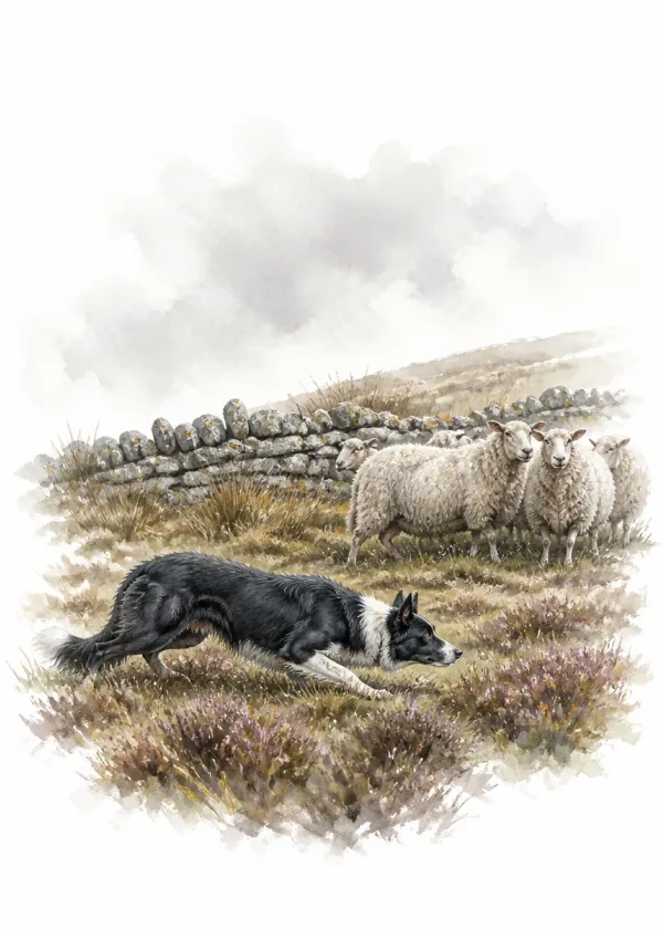 A Border Collie crouched low in the heather eyeing a small flock of sheep beside a dry-stone wall