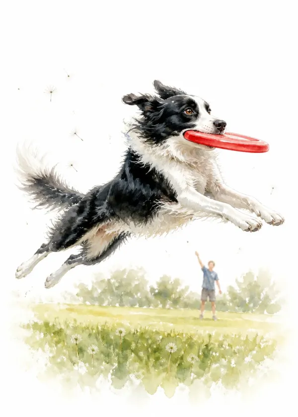 A Border Collie leaping through the air catching a red frisbee in its mouth over a grassy field