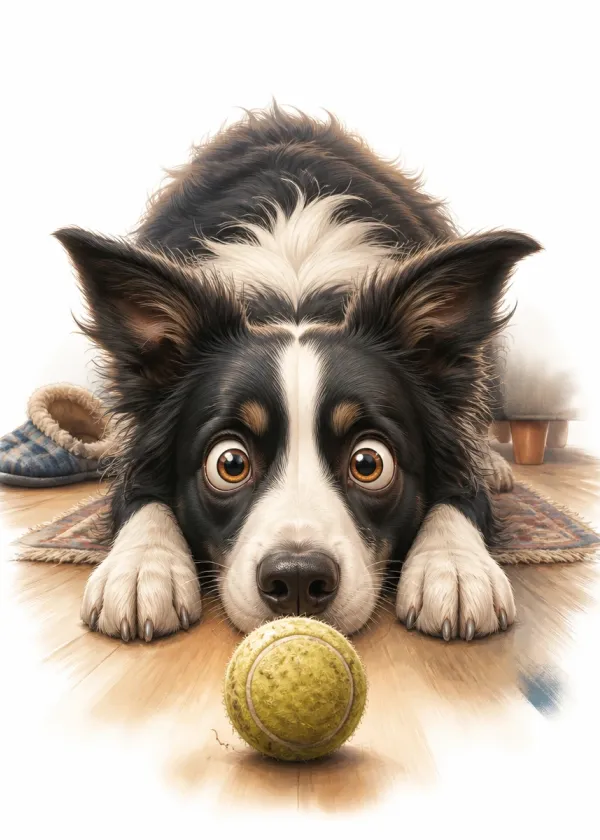A Border Collie lying flat on the floor with wide eyes fixed on a tennis ball in front of its nose